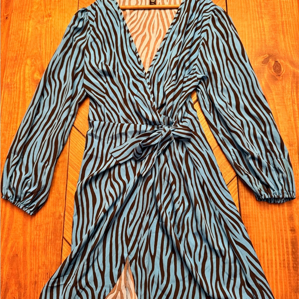 Blue and Black Zebra Print Wrap Dress